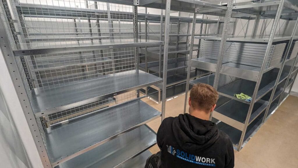 Pracownik Solid Work czyszczący metalowe półki w firmie Mercedes Benz